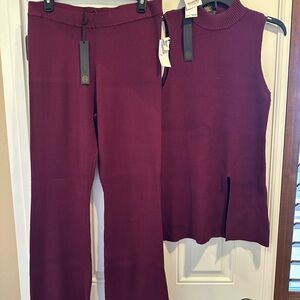 Sleeveless Ribbed Knit Top & Wide-Leg Pants Set - Burgundy